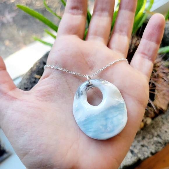 Vintage Blue Ceramic Geometric Modern Round Pendant Necklace - Picture 1 of 8